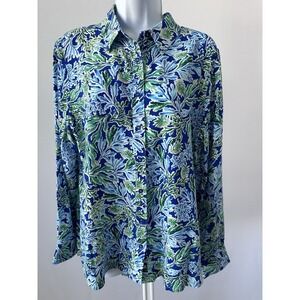 Stella Parker Women's L Tropical Florida Coastal Blue Long Sleeve Shirt (b12)